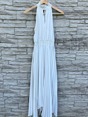 ANRABESS White Halter Small Maxi Dress with Smocked Waist Handkerchief Hem